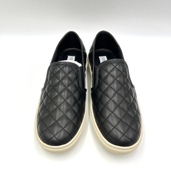 Steve Madden Size 7.5 Ecentrcq Black Faux Vegan Quilted Leather Sneakers Shoes - Picture 2 of 14